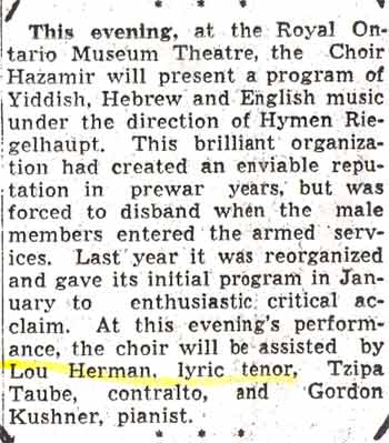 Toronto Globe and Mail, May 29, 1948, featuring Louis Herman