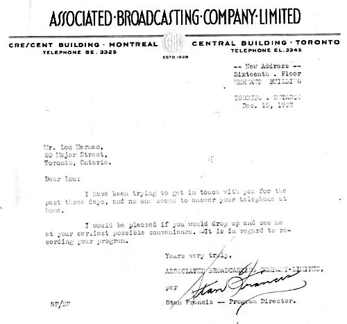 Letter to Louis Herman regarding his radio show, December 15, 1937