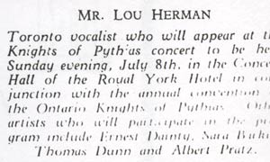 Lou Herman, Toronto, 1920s