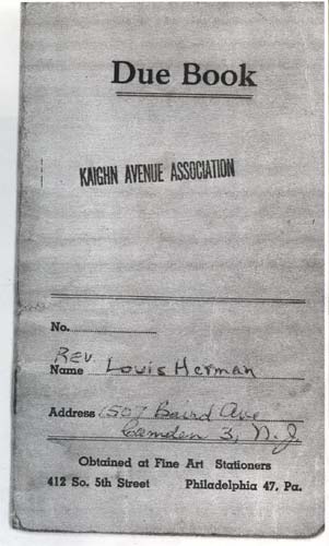 Due Book from the Kaighn Avenue Association, late 1950s or early 1960s