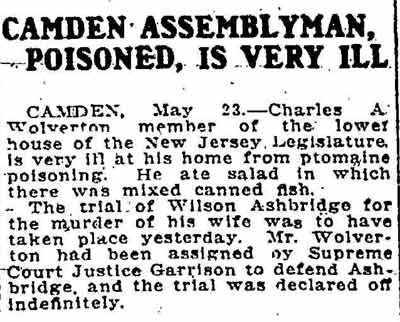 Camden Assemblyman, Poisoned, Is Very Ill - Trenton Times, May 23, 1916
