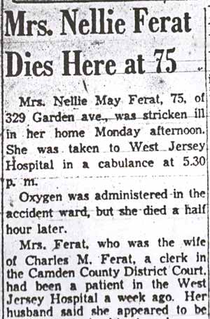 Camden Courier-Post, February 2, 1954 — Mrs. Nellie Ferat Dies Here at 75 (part 1)