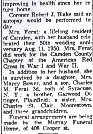 Camden Courier-Post, February 2, 1954 — Mrs. Nellie Ferat Dies Here at 75 (part 2)