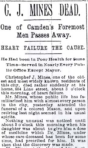 Camden Post-Telegram, October 7, 1895 — C. J. Mines Dead, part 1