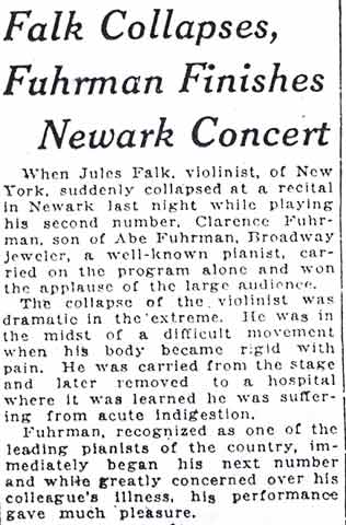 Camden Courier-Post, January 18, 1922 — Falk Collapses, Fuhrman Finishes Newark Concert
