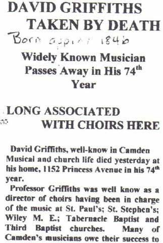 Camden Courier obituary for David Griffiths, June 8, 1921, page 1