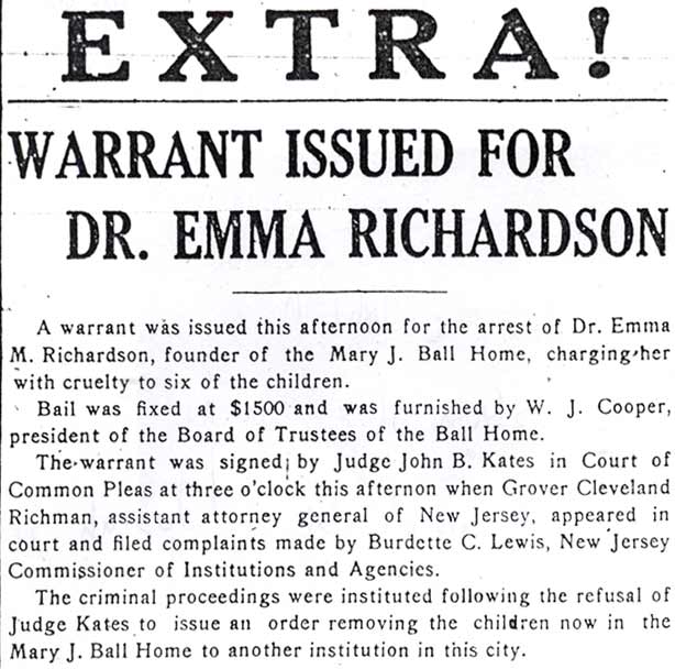 Warrant Issued for Dr. Emma Richardson — Camden Daily Courier, January 21, 1922
