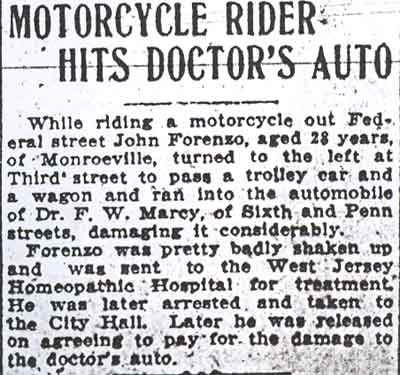 Newspaper clipping: Motorcycle Rider Hits Doctor's Auto