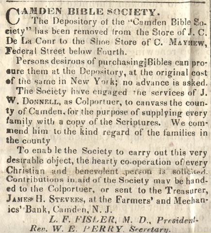 Camden Bible Society notice from the Camden Weekly Phœnix, May 22, 1858, signed by L. F. Fisler, M. D., President