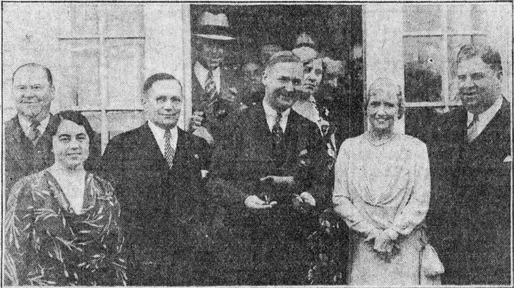 A. Harry Moore with Camden county leaders at the Bellmawr home of Harry A. Maloney. Left to right: Edward J. Hart, Marie V. Kelley, Maloney, Moore, Mrs. Emma E. Hyland, and Charles Ross