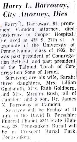 Obituary notice for Harry L. Barroway