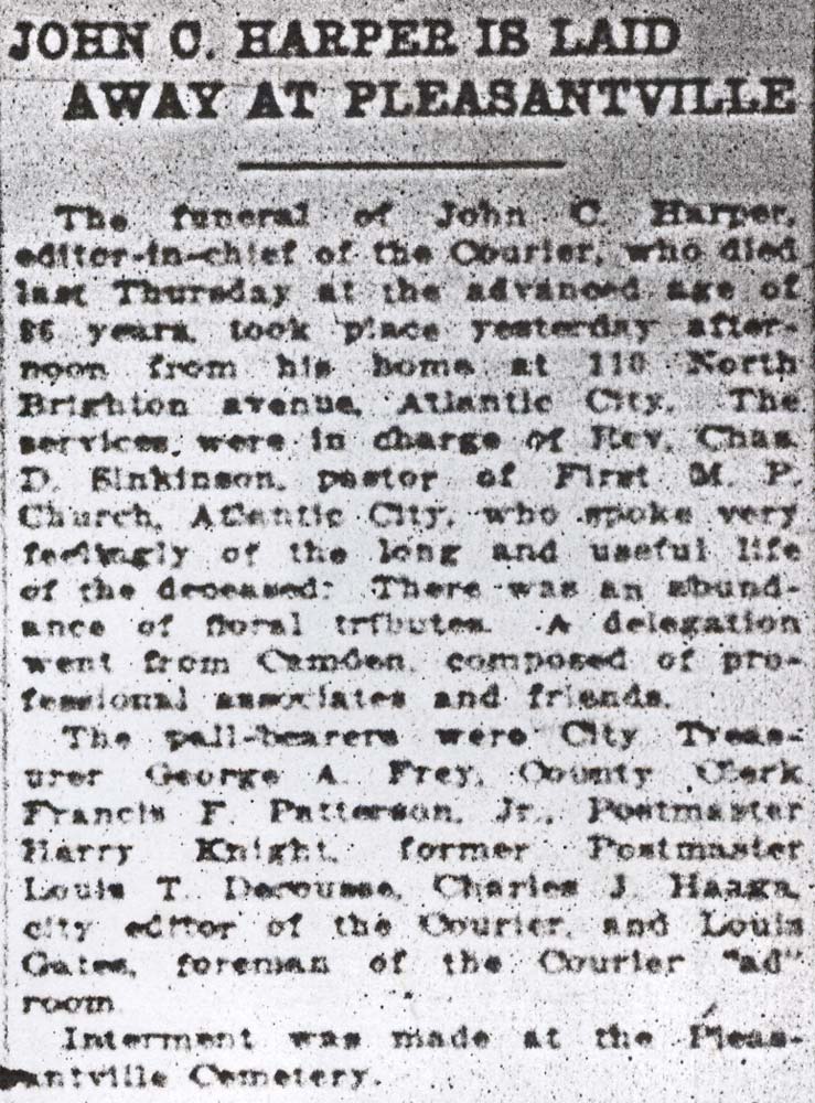 Camden Daily Courier, May 13, 1918 — John C. Harper Is Laid Away at Pleasantville