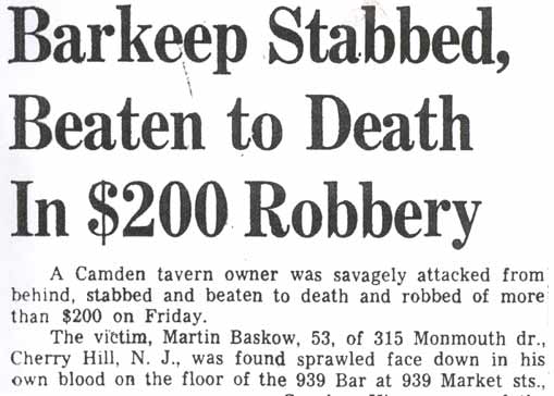 Barkeep Stabbed, Beaten to Death In $200 Robbery — Philadelphia Inquirer, July 15, 1967