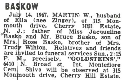 Death notice for Martin W. Baskow — Philadelphia Inquirer, July 15, 1967