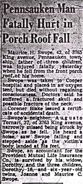 Camden Courier-Post, May 1, 1949 — Pennsauken Man Fatally Hurt in Porch Roof Fall