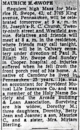 Camden Courier-Post, May 3, 1949 — Maurice H. Swope obituary