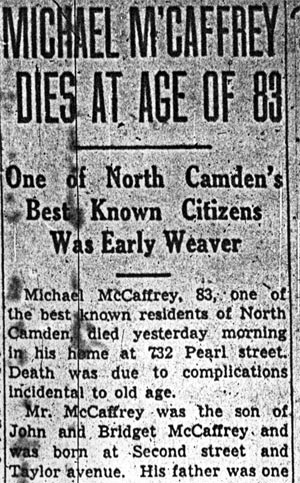 Newspaper clipping: Michael McCaffrey Dies at Age of 83, Camden Courier-Post, April 1, 1942