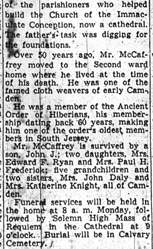 Newspaper clipping: Michael McCaffrey Dies at Age of 83 (continued), Camden Courier-Post, April 1, 1942