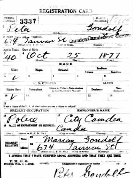Peter Gondolf World War I draft card, front