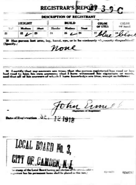 Peter Gondolf World War I draft card, back