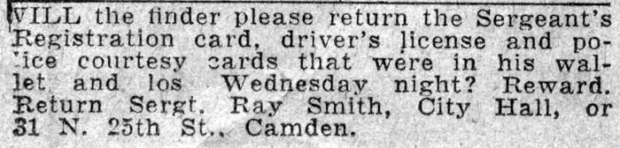 Lost wallet classified ad, March 29, 1930