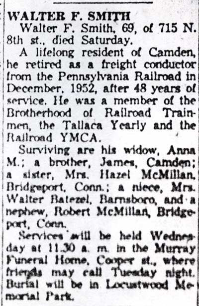 Camden Courier-Post obituary clipping, August 30, 1954, for Walter F. Smith