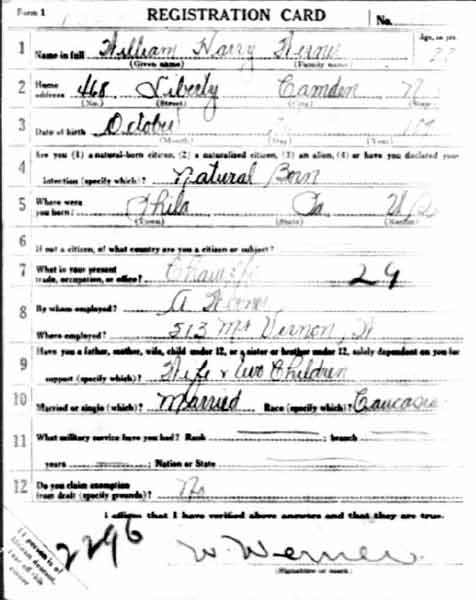 William Harry Werner WWI draft registration card, front