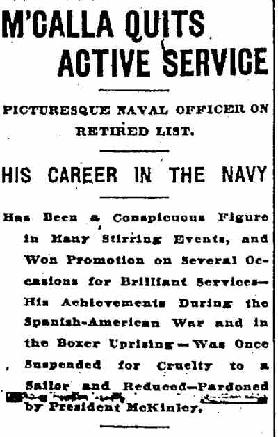 Baltimore Sun article on Rear Admiral McCalla's retirement, page 1