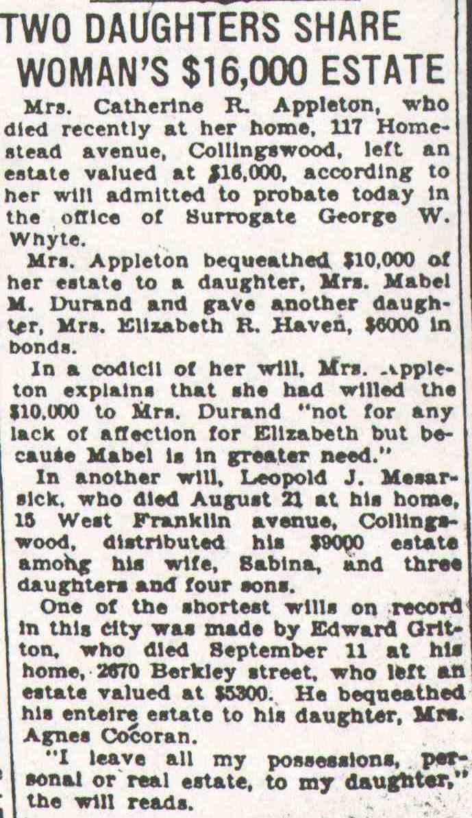 Camden Courier-Post, September 2, 1928 — Two Daughters Share Woman's $16,000 Estate