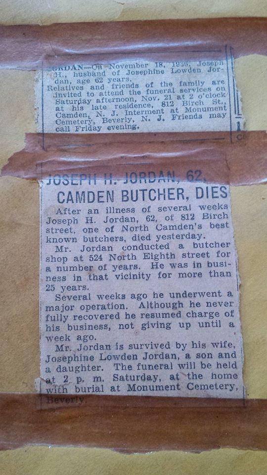 Joseph H. Jordan, 62, Camden Butcher, Dies — Camden Courier-Post, November 19, 1936