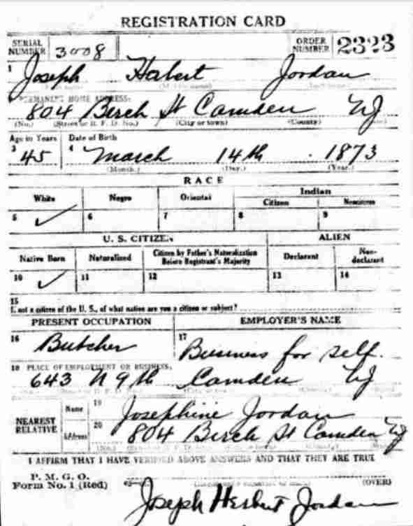 Joseph H. Jordan WWI draft card — front