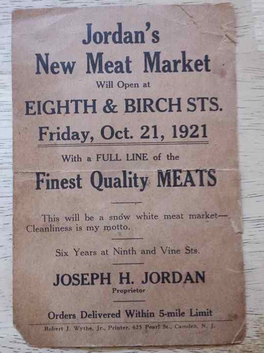 Jordan's New Meat Market advertising flier, October 21, 1921 — Eighth & Birch Streets