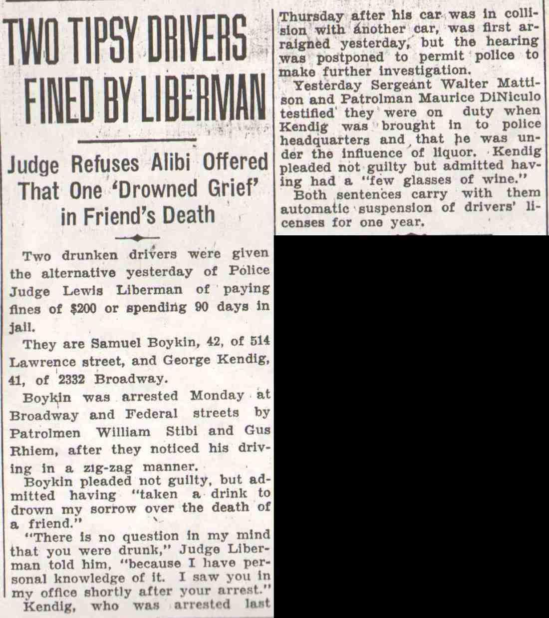 Two Tipsy Drivers Fined by Liberman article, October 28, 1936