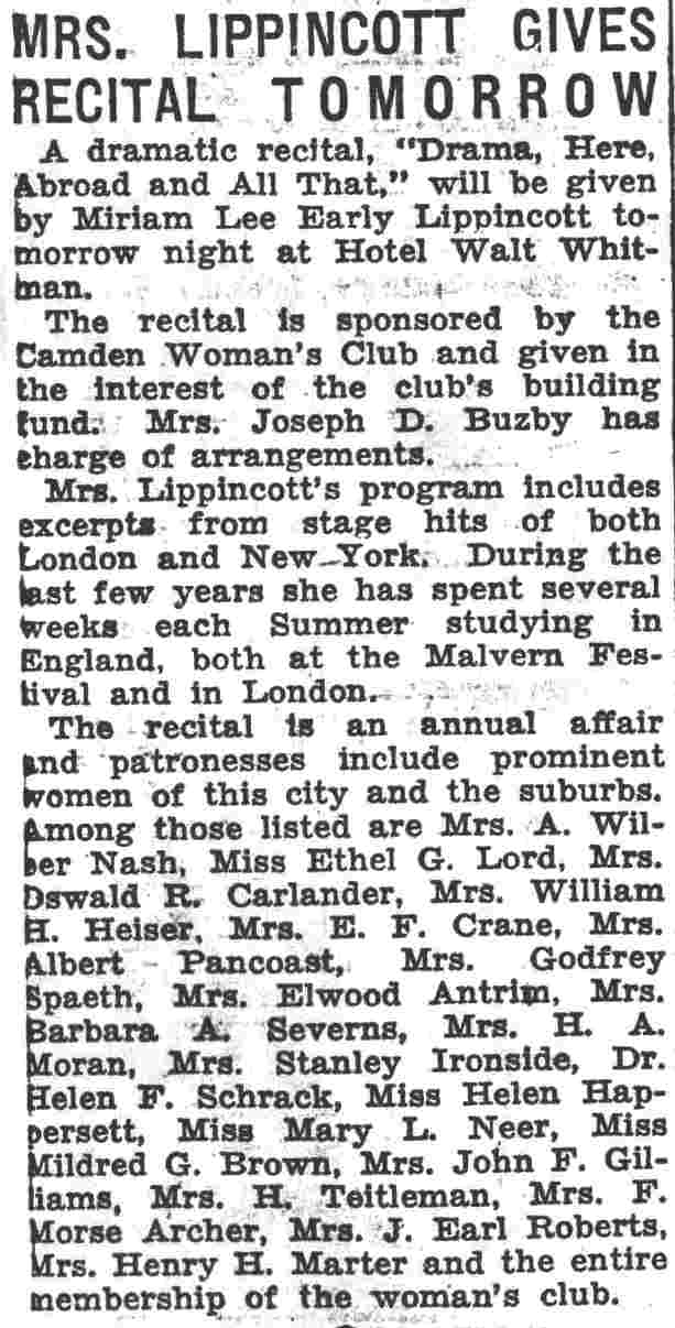 Camden Courier-Post, October 28, 1936 — Mrs. Lippincott Gives Recital Tomorrow