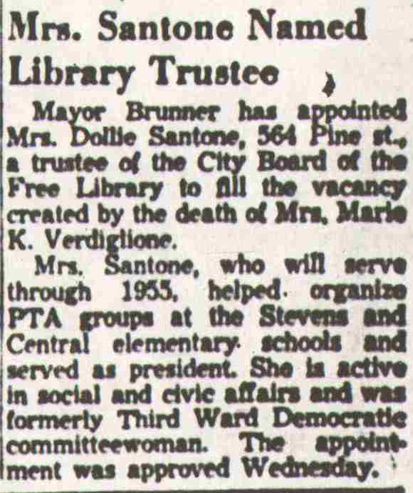 Mrs. Santone Named Library Trustee, Camden Courier-Post, December 31, 1953