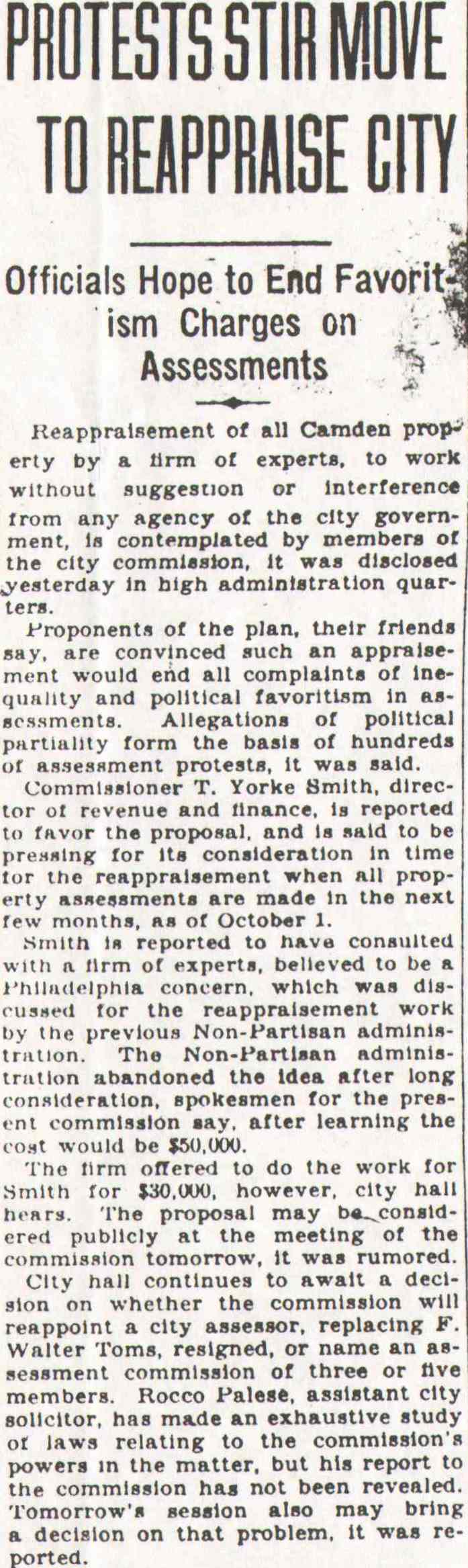Protests Stir Move to Reappraise City, Camden Courier-Post, September 22, 1928