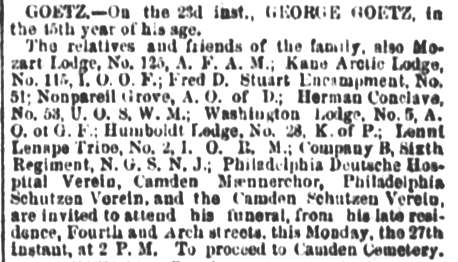 Funeral notice for George Goetz — Philadelphia Inquirer, September 27, 1875