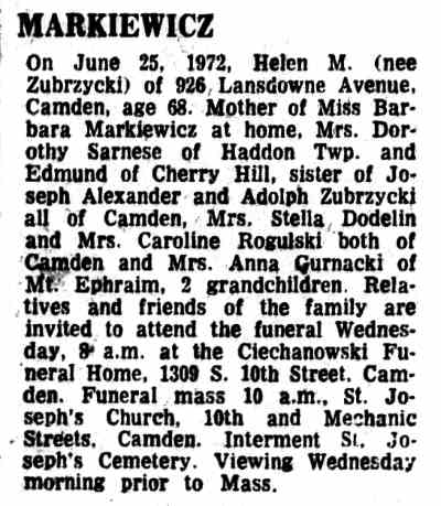 Helen M. Markiewicz death notice, Camden Courier-Post, June 26, 1972