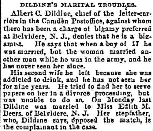 Albert C. Dildine bigamy charge article, Philadelphia Inquirer, July 18, 1891