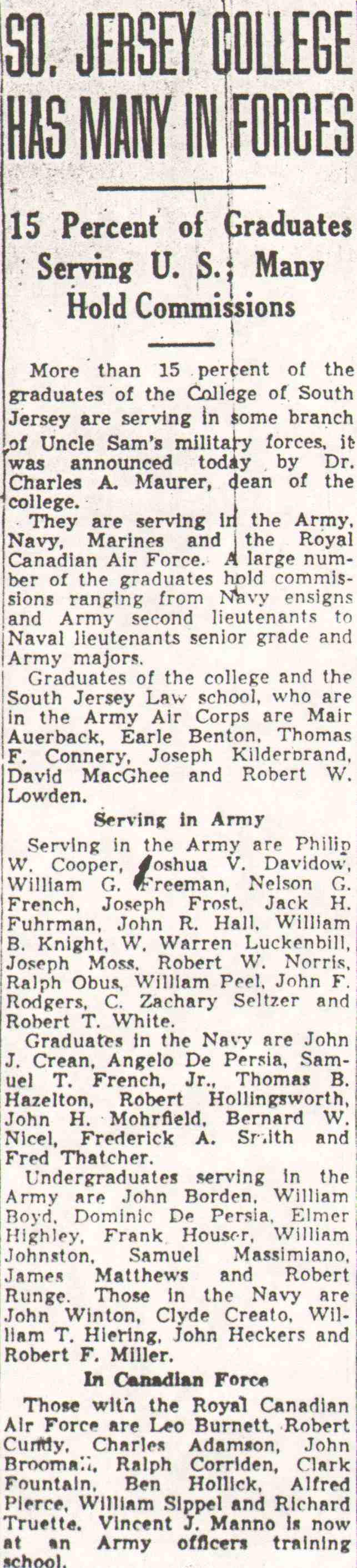 So. Jersey College Has Many in Forces, Camden Courier-Post, July 3, 1942