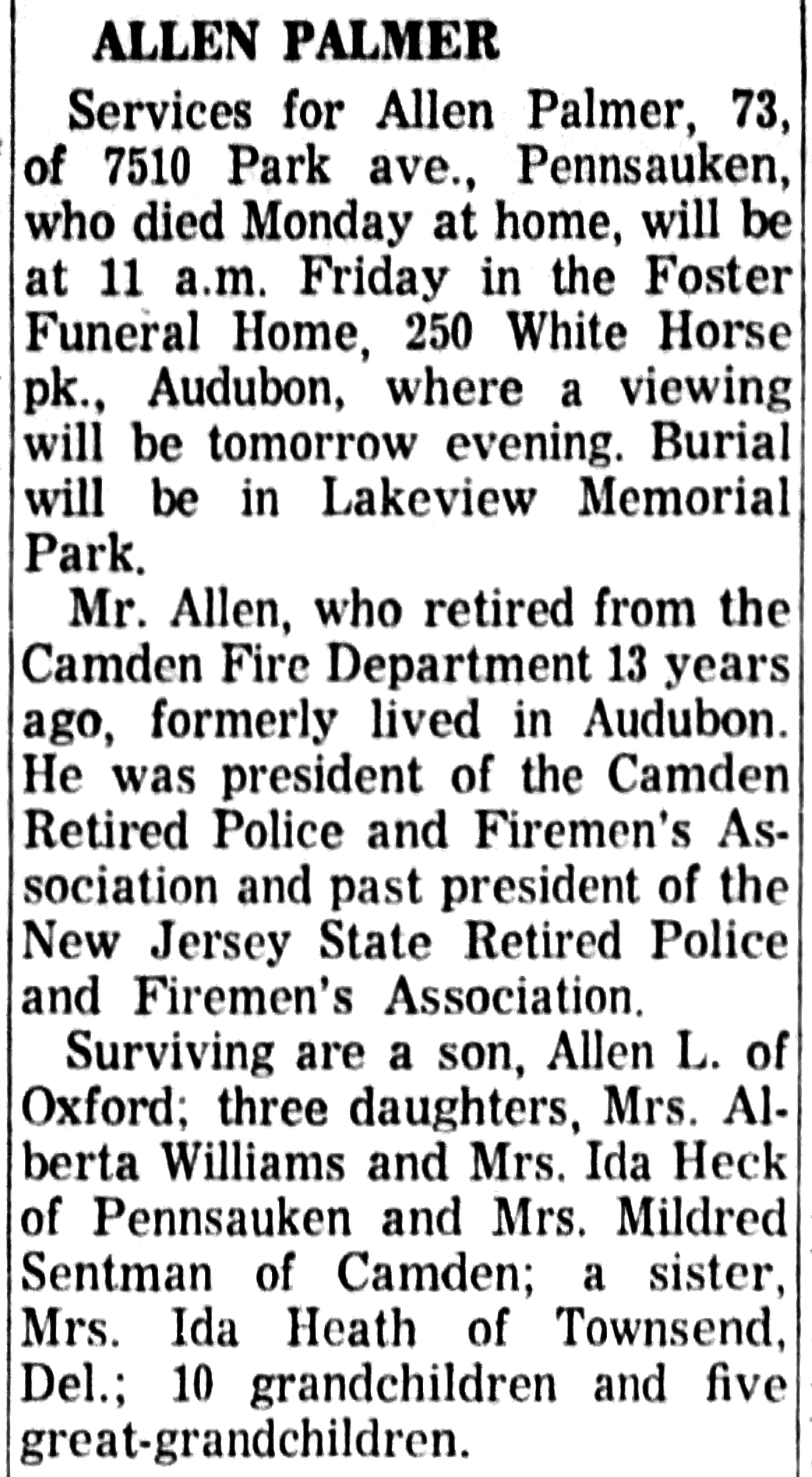 Allen Palmer obituary, September 1964