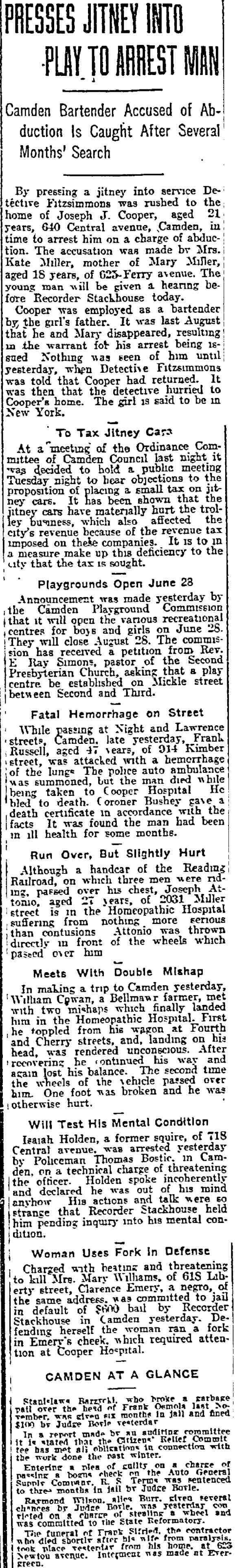 Philadelphia Inquirer, May 21, 1915, article about Andrew Miller on Ferry and Central Avenues
