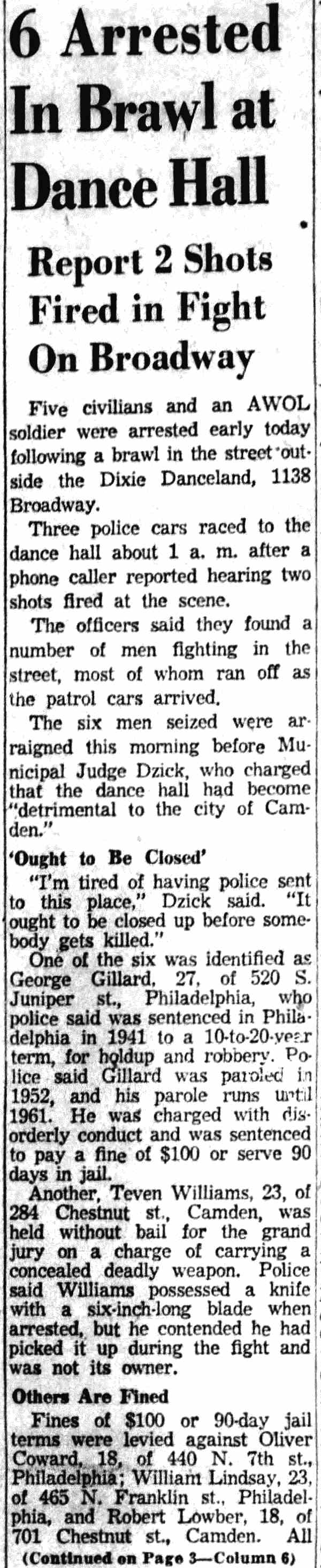 6 Arrested In Brawl at Dance Hall, Camden Courier-Post, January 3, 1955, part 1