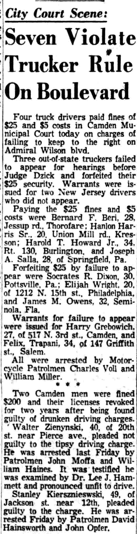 Camden Courier-Post, February 2, 1956: Seven Violate Trucker Rule On Boulevard, Judge Dzick court scene