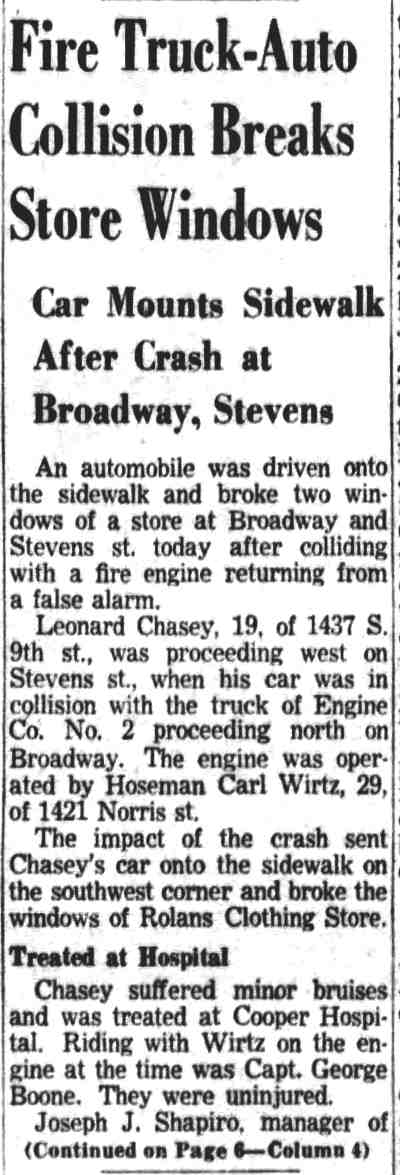 Fire Truck-Auto Collision Breaks Store Windows, Camden Courier-Post, November 6, 1953
