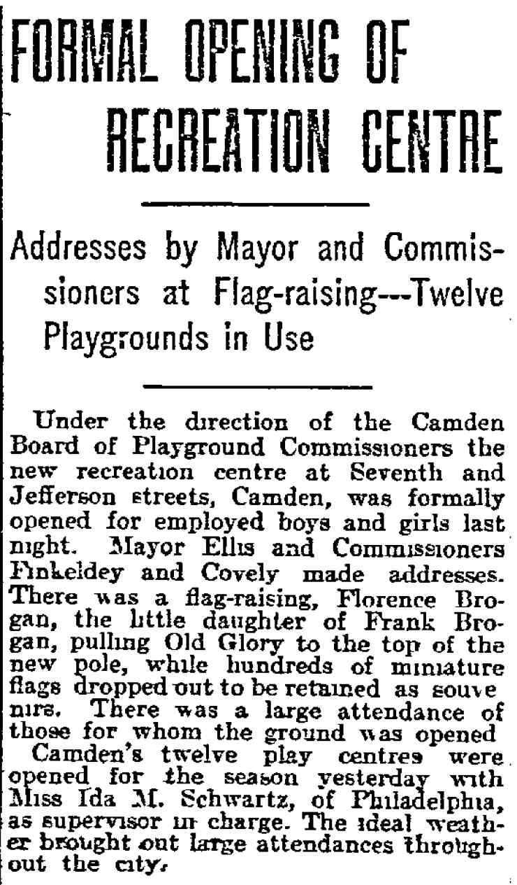Formal Opening of Recreation Centre - Philadelphia Inquirer, June 30, 1914