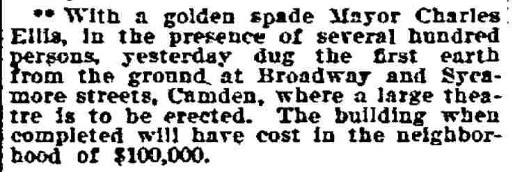 Groundbreaking for New Camden Theatre - Philadelphia Inquirer, August 22, 1906