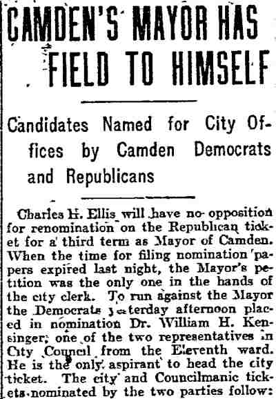 Philadelphia Inquirer, August 30, 1910 — Camden's Mayor Has Field to Himself, page 1