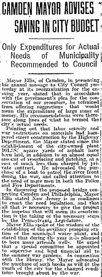 Philadelphia Inquirer, October 21, 1918 — Camden Mayor Advises Saving in City Budget