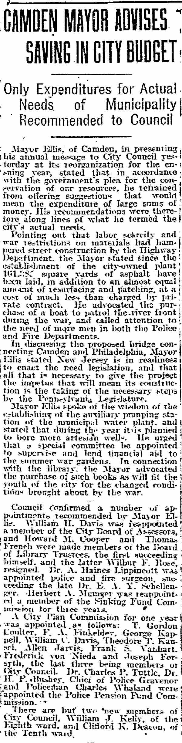 Philadelphia Inquirer, October 21, 1918 — Camden Mayor Advises Saving in City Budget